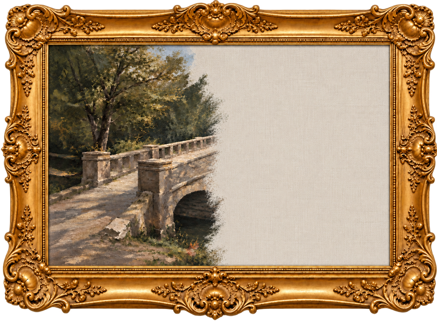 An unfinished oil painting of a stone bridge over water, approximately 30% complete, in an ornate gold frame