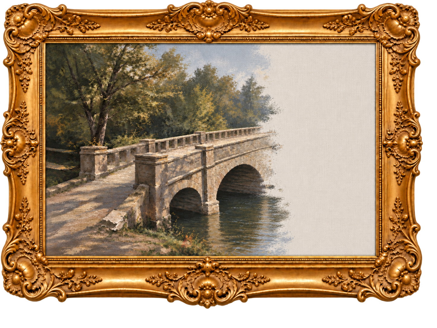 The same unfinished stone-bridge painting, approximately 55% complete, in the same ornate gold frame