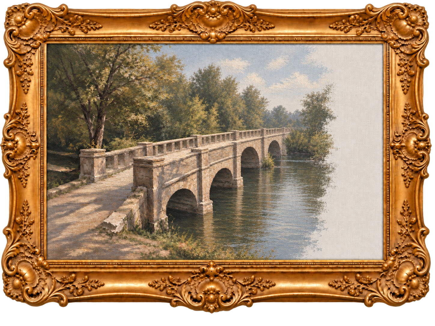 The same unfinished stone-bridge painting, approximately 80% complete, in the same ornate gold frame